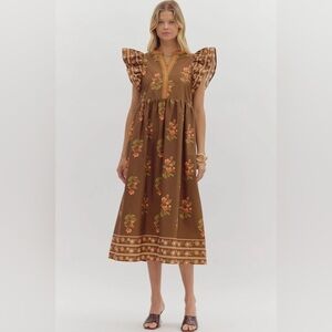 Entro Marisol Floral Ruffle Sleeve Midi Dress